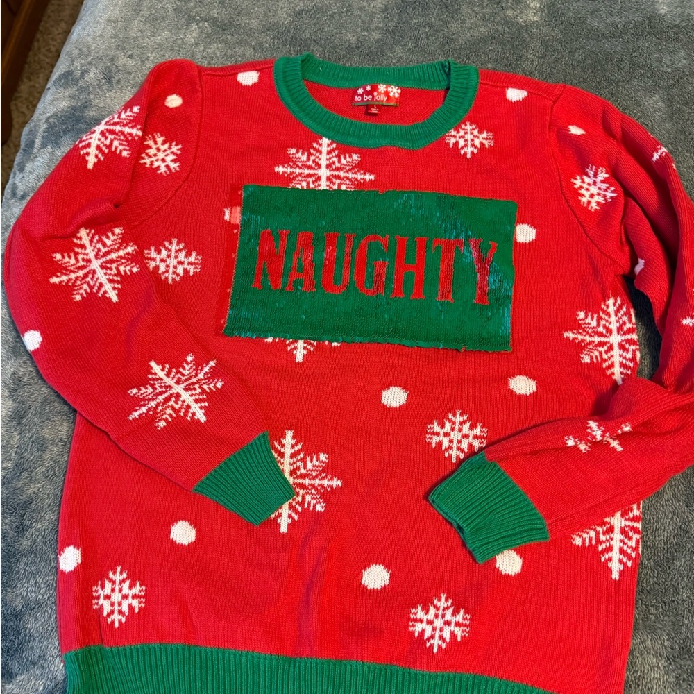 Festive Red and Green Naughty/Nice Christmas Sweater.